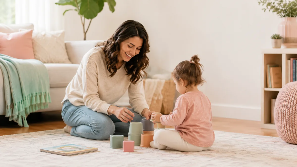 A parent and toddler stacking soft blocks together on a cozy rug