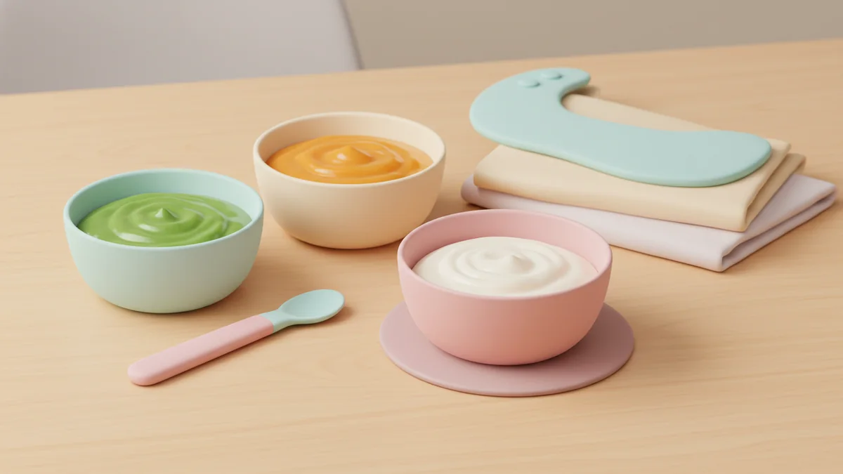 A soft pastel illustration of small pastel bowls of colorful soft baby food with a baby spoon and bib