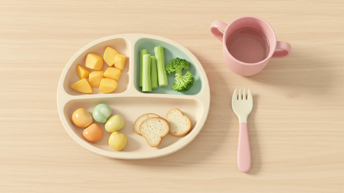 A divided plate of simple colorful toddler finger foods