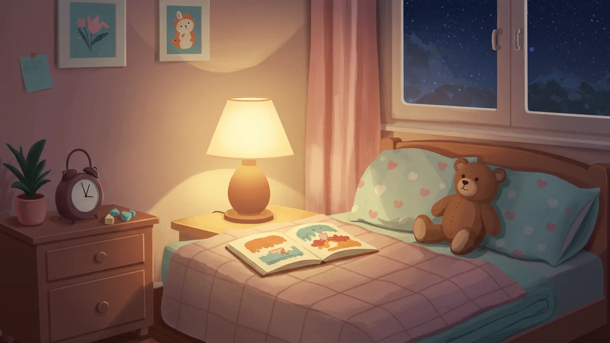 A soft pastel illustration of a cozy bedtime scene with a warm lamp, an open picture book, and a teddy bear