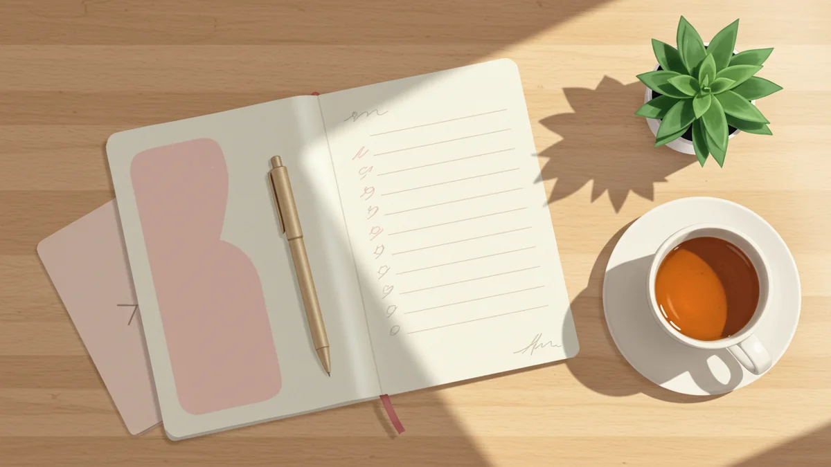 A soft pastel flat-lay illustration of an open paper planner, a pen, and a cup of tea in soft morning light