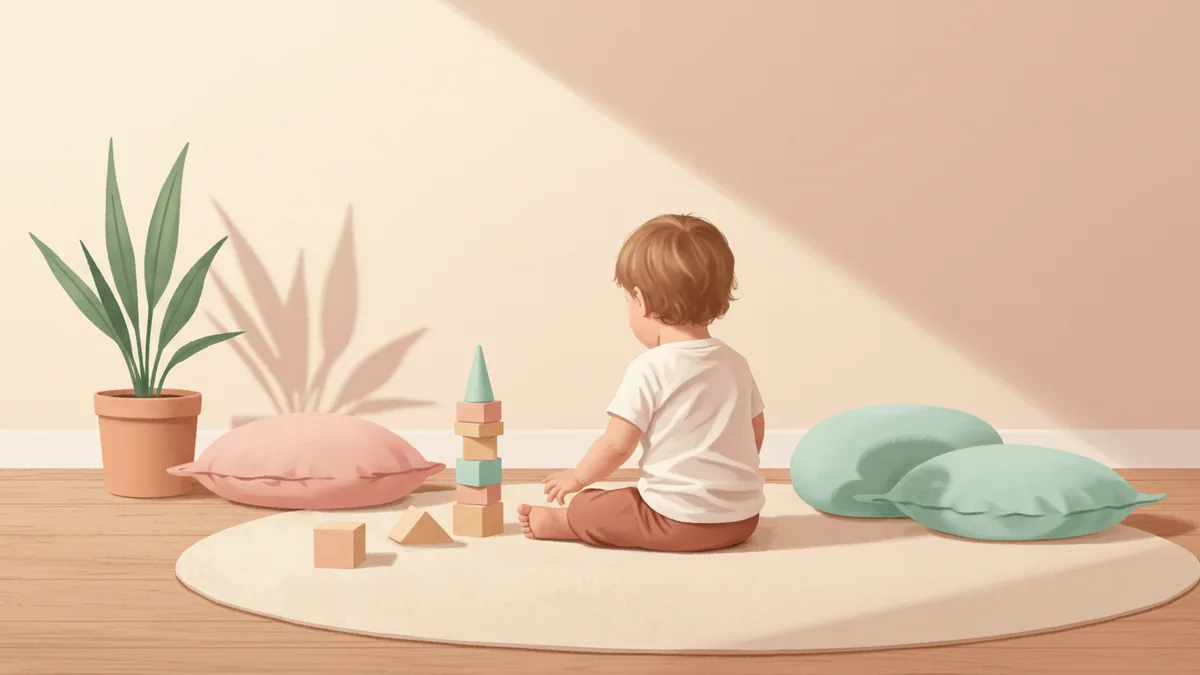 A soft pastel illustration of a toddler seen from behind quietly stacking plain wooden blocks in a cozy corner
