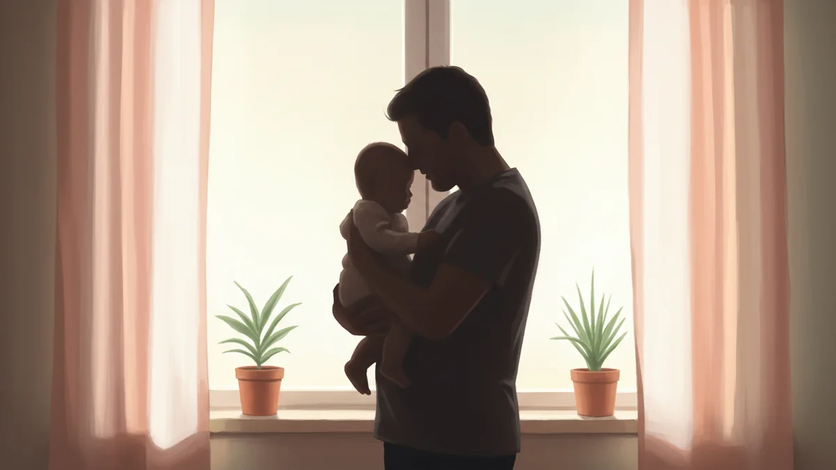A soft pastel illustration of a parent and baby as a gentle silhouette by a sunny window