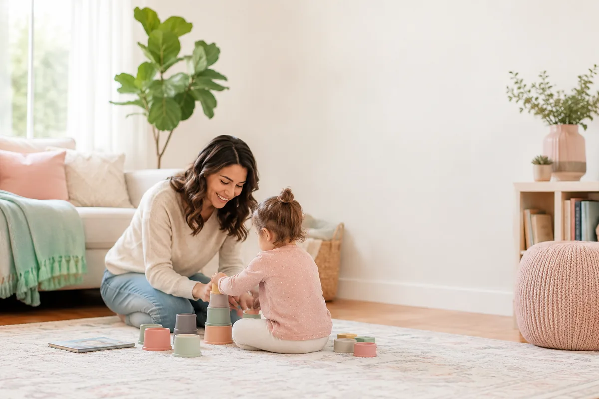 A parent and toddler playing with pastel stacking cups on a cozy living-room floor