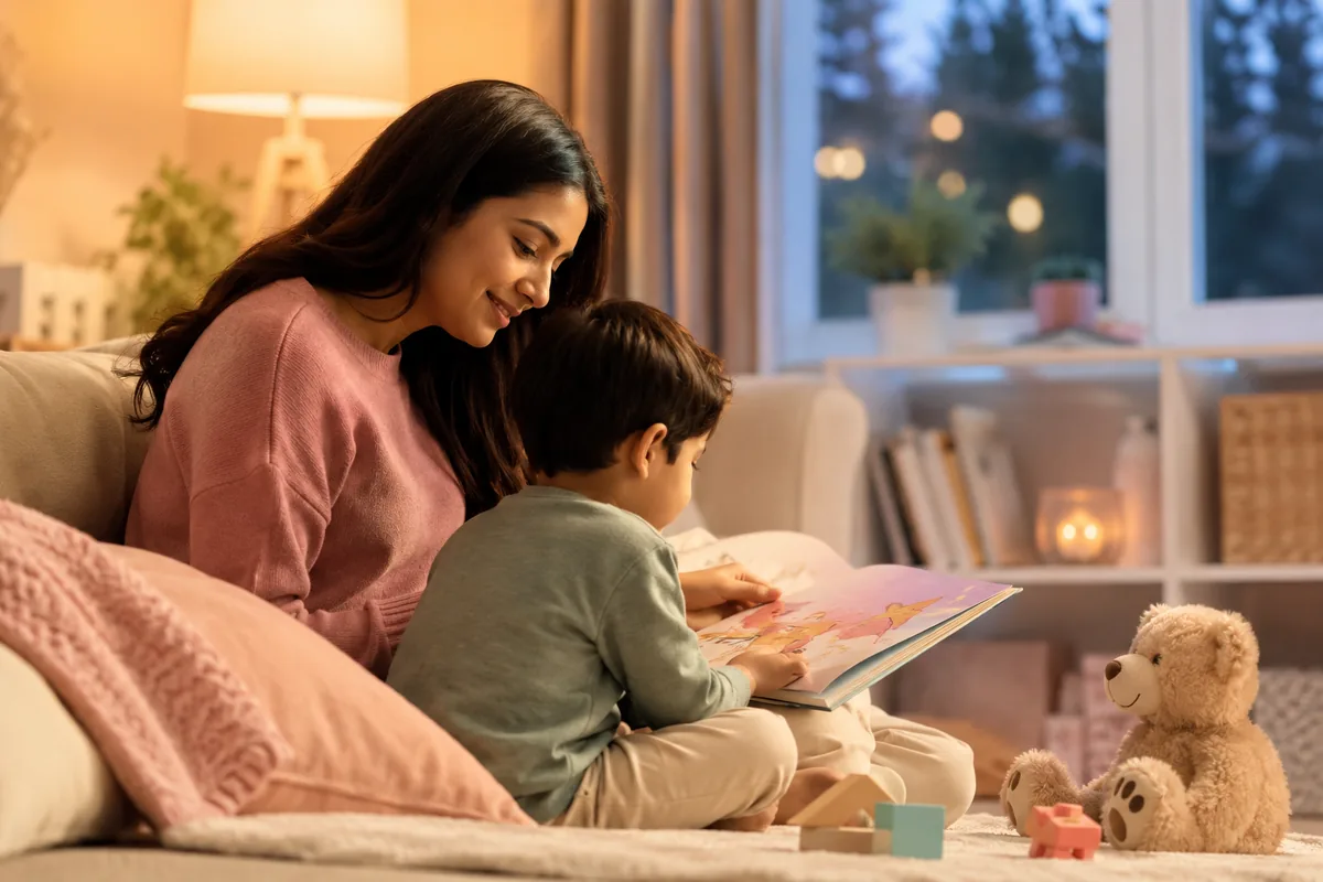 A parent and child sharing a calm, cosy moment together at home