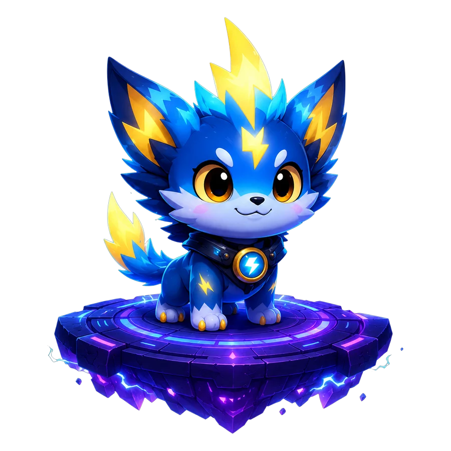Zayu, Momoo's electric fox Pet Champion, standing on a glowing arena platform